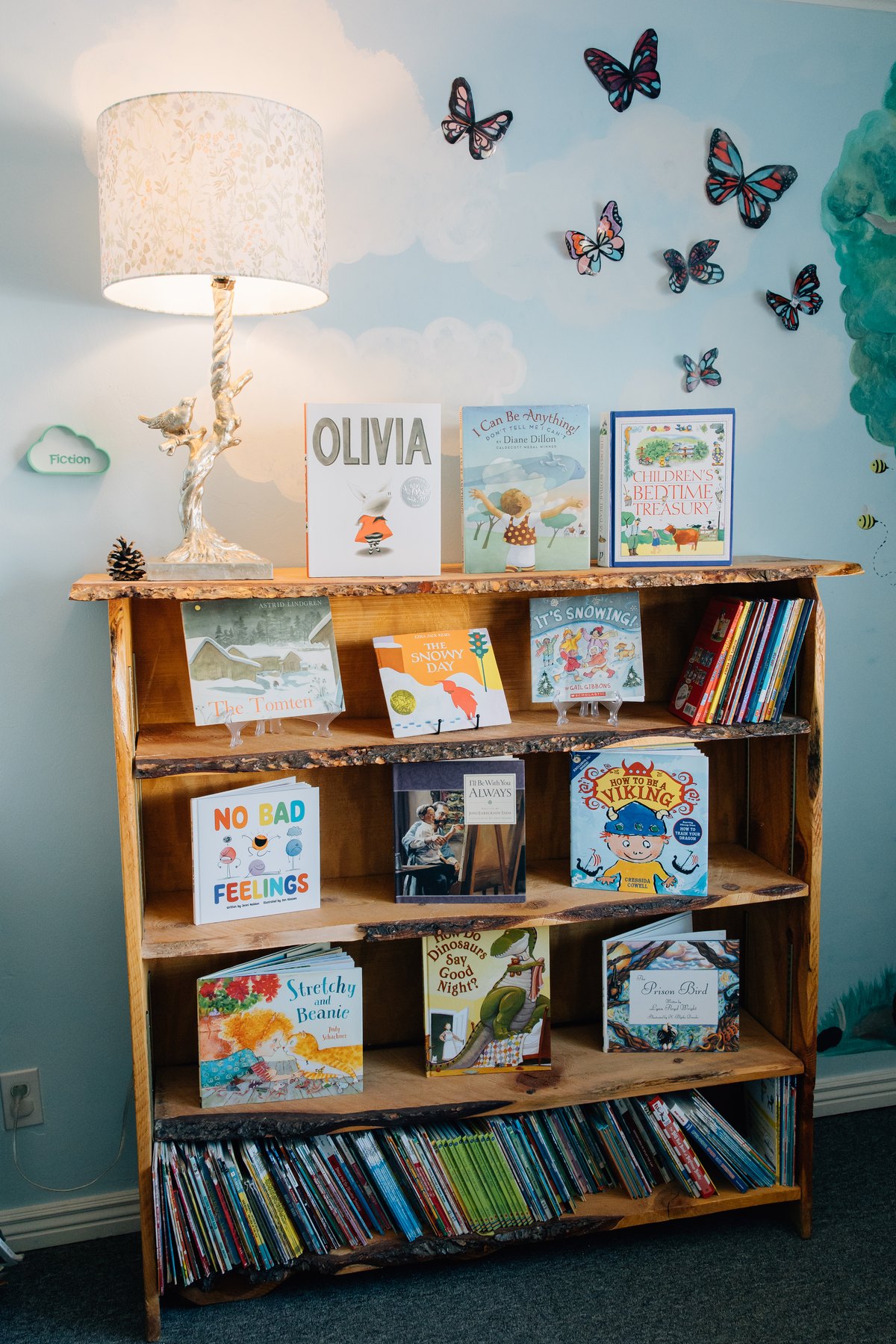 A wooden shelf of children's picture books beneath a painted sky and butterflies